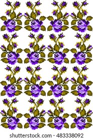 Color image of flowers (roses) using traditional Ukrainian embroidery elements. Can be used as pixel art.  Seamless pattern. Violet and green tones.