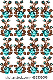 Color image of flowers (roses) using traditional Ukrainian embroidery elements. Can be used as pixel art. Seamless pattern.  Blue and brown tones.
