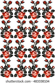 Color image of flowers (roses) using traditional Ukrainian embroidery elements. Can be used as pixel art. Seamless pattern.  Red and black tones.
