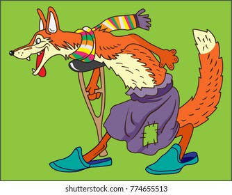 color image of a fox with a multi-colored scarf and crutch
