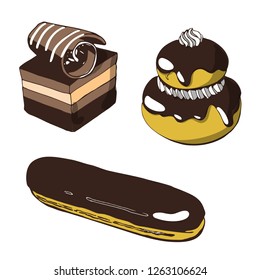 Color image with French dessert :eclairs,Petit fours ,Religieuse,  opera cake. Bakery set of vector illustrations . Background