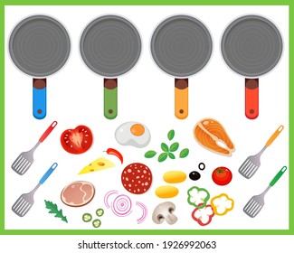 Color image of frying pans and products. Food ingredients on white background. Food and meals. Dishes and crockery. Vector illustration set kids.
