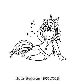 Color image of a funny cartoon  unicorn wearing glasses. Isolated on a white background. Fantastic animal. For textiles, kids party design, prints, posters, stickers, tattoos, etc. Vector.