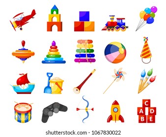 Color image group of icons of children's toys on a white background. Set of Isolated objects. Vector illustration