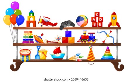 Color image group of icons of children's toys on a wooden shelf . Set of Isolated objects. Vector illustration