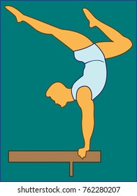 color image of a gymnast man performing an exercise on a balansing form
