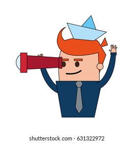 color image half body cartoon sailor man leader business with paper boat cap