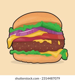 color image of hamburger with tasty beef patty, cheese, red onion, juicy tomatoes and salad