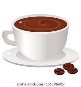 Color image of hot cup of coffee with coffee beans on white background. Food and meals. Vector illustration.