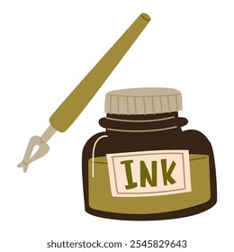 A color image of an inkwell in dark glass with a modern fountain pen on a white background. An isolated writing object. A jar of green ink in the pen. Vector illustration for poets, letters