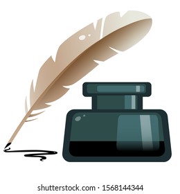 Color image of inkwell with feather pen on white background. Vector illustration.