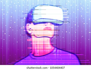 Color image of interference on a colored background of a person in virtual reality glasses. The concept VR of high technology and digital entertainment.Glitch art 