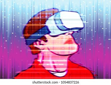 Color image of interference on a colored background of a person in virtual reality glasses. The concept VR of high technology and digital entertainment.Glitch art 