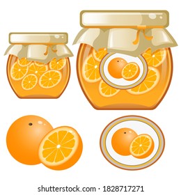 Color image of jar of orange jam. Berries and fruits. Food and cooking. Vector illustration.