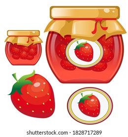 Color image of jar of strawberry jam. Berries and fruits. Food and cooking. Vector illustration.