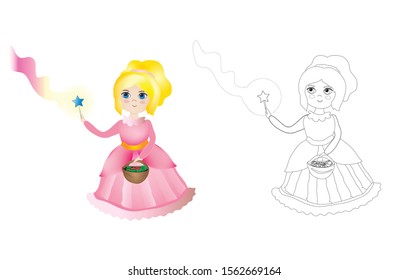 Color the image of a kind forest fairy conjuring a spell. Coloring book for children. Kids game. Vector image.