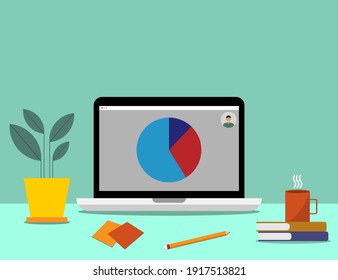 Color image of laptop on green background, vector illustration
