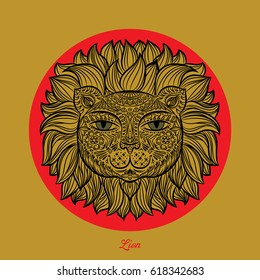 Color image of a lion head on a mustard background. Can be used for logo, tattoo, horoscopes, T-shirt graphic, etc. vector.