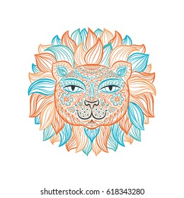 Color image of a lion head on a white background. Can be used for logo, tattoo, horoscopes, T-shirt graphic, etc. vector