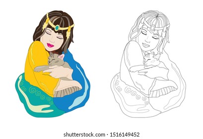 Color the image of the little princess of East with a sleeping cat in her arms. Coloring book for children. Kids game. Children's costume party. Vector image.