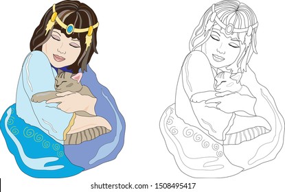 Color the image of the little princess of Egypt with a sleeping cat in her arms. Coloring book for children. Kids game. Children's costume party. Vector image.