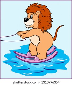 Color Image Of A Mammal Predatory Animal Baby Lion Water Skiing On A Blue Background
