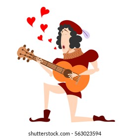 Color image of a medieval guitar on one knee. The singer with a guitar serenade. Symbol 
of love, Valentine's Day. Stock vector illustration