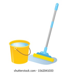 Color image of mop with bucket of water on white background. Tools for cleaning and housework. Vector illustration.