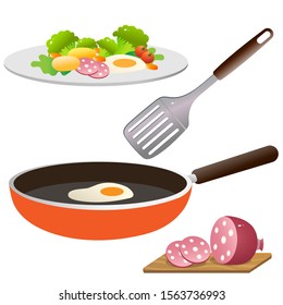 Color image of  plate of fried egg with potatoes and vegetables on white background. Cooking in a frying pan. Food and meals. Vector illustration set.