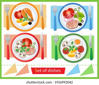 Color image of portion lunch or dinner on white background. Food and meals. Dishes and crockery. Vector illustration set  kids.