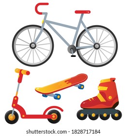 Color image of red Bicycle, scooter, skateboard and roller skates. Summer outdoor games and active recreation. Vector illustration set for kids.