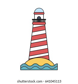 color image red striped lighthouse on island with ocean