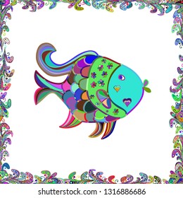 Color image of repeating and alternating constituent elements.Fishes on green, white and blue. Abstract Vector illustration. Seamless pattern with fishes. Decorative ornament. Vector illustration.