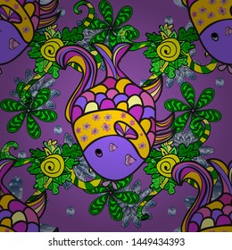 Color image of repeating and alternating constituent elements. Fishes on green, gray and violet. Seamless pattern with fish. Decorative ornament. Vector illustration. Abstract Vector illustration.