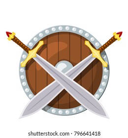Color image of a round shield and two battle sword on a white background. Viking weaponry in Cartoon style. Vector illustration