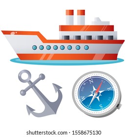 Color image set of cartoon ship, compass and anchor on a white background. Vector illustration of transport for kids.