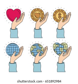 color image set hands holding a earth world and coins with heart shape charity symbols vector illustration