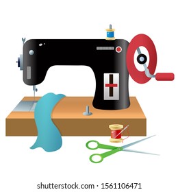 Color image of sewing machine on a white background. Needlework. Vector illustration.