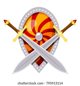 Color image of a shield and swords. Vector illustration of two crossed swords and a shield on a white background in the style of Cartoon