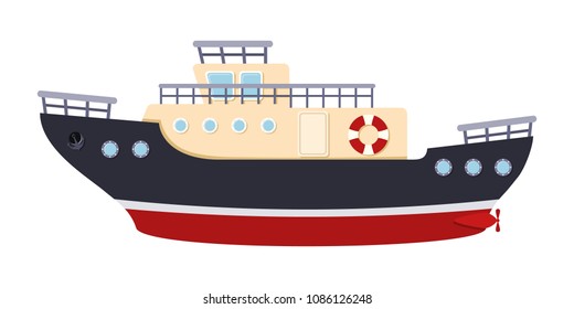 Color image of a ship tug on a white background. Sea transport in a cartoon style. Vector illustration