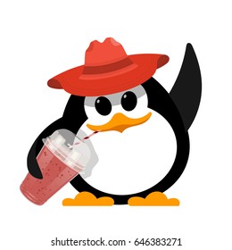 Color image of a small cute penguin in a red hat with a glass of strawberry smoothie on a white background. Hatchling of a penguin bird. Healthy food. Vector illustration