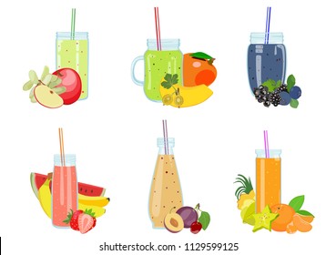 Color image of a smoothie of fruits and berries in glass bottles for drinks for a healthy lifestyle. Element for menu cafe or restaurant, for diets, vegetarianism and sports nutrition. Recipes