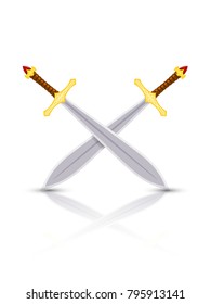 Color image of swords. Vector illustration of two crossed swords with a reflection on a white background in the style of Cartoon