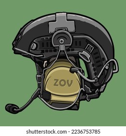 color image of a tactical combat ballistic helmet. head protection. hearing protection. active headphones. modern war. operator.