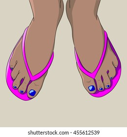 Color Image Of Tanned Bare Feet In Slippers Top View