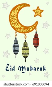 Color image of the theme of the Muslim holiday of sacrifice Eid al-Adha with decorated eastern lanterns and month with star. Muslim community festival. Graphic design decoration of flyer, poster, card