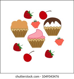 Color image. Three different cupcakes and berries of cherries, strawberries and raspberries on a white background. Vector illustration