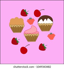 Color image. Three different cupcakes and berries of cherries, strawberries and raspberries on a pink background. Vector illustration