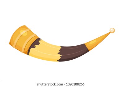 Color image of a traditional Caucasian cup made from a bull's horn in a cardboard style on a white background. Vector illustration of a wine cow horn