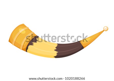 Color image of a traditional Caucasian cup made from a bull's horn in a cardboard style on a white background. Vector illustration of a wine cow horn
